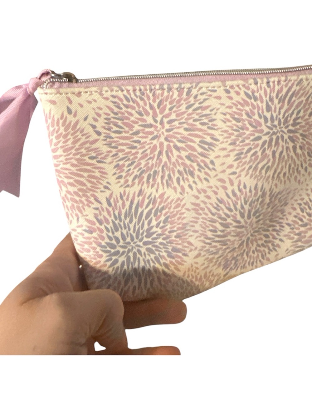 Ulta Beauty Pink and Cream Floral Cosmetic Pouch purple ribbon like new